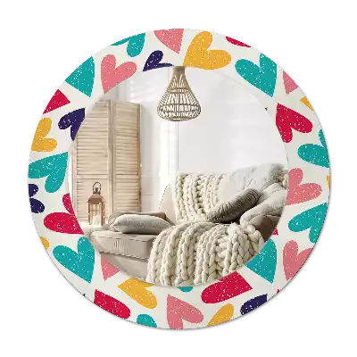 Miroir rond cadre avec impression Cœurs colorés