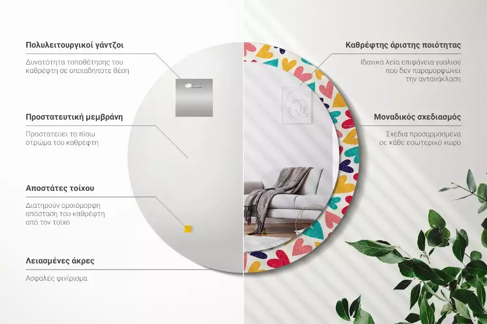 Miroir rond cadre avec impression Cœurs colorés