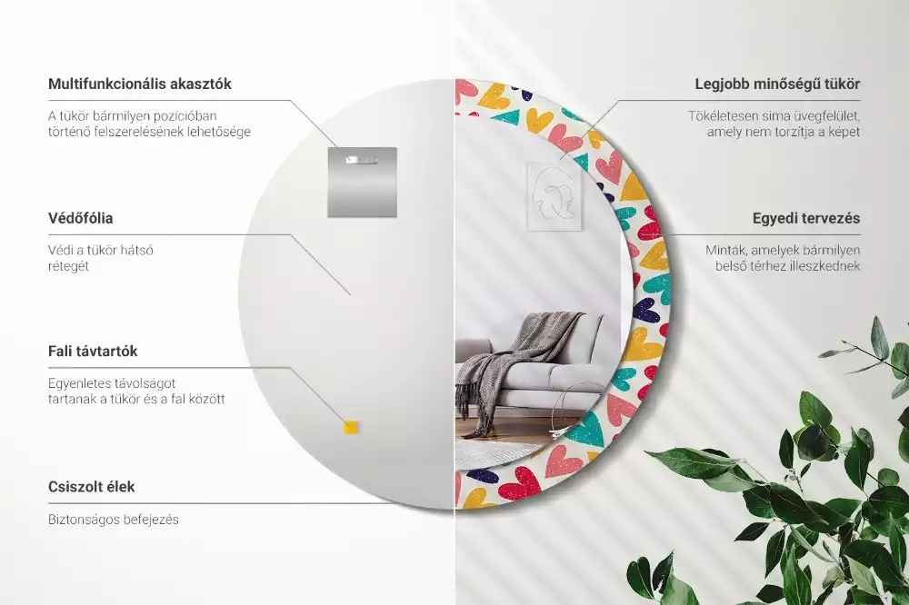 Miroir rond cadre avec impression Cœurs colorés