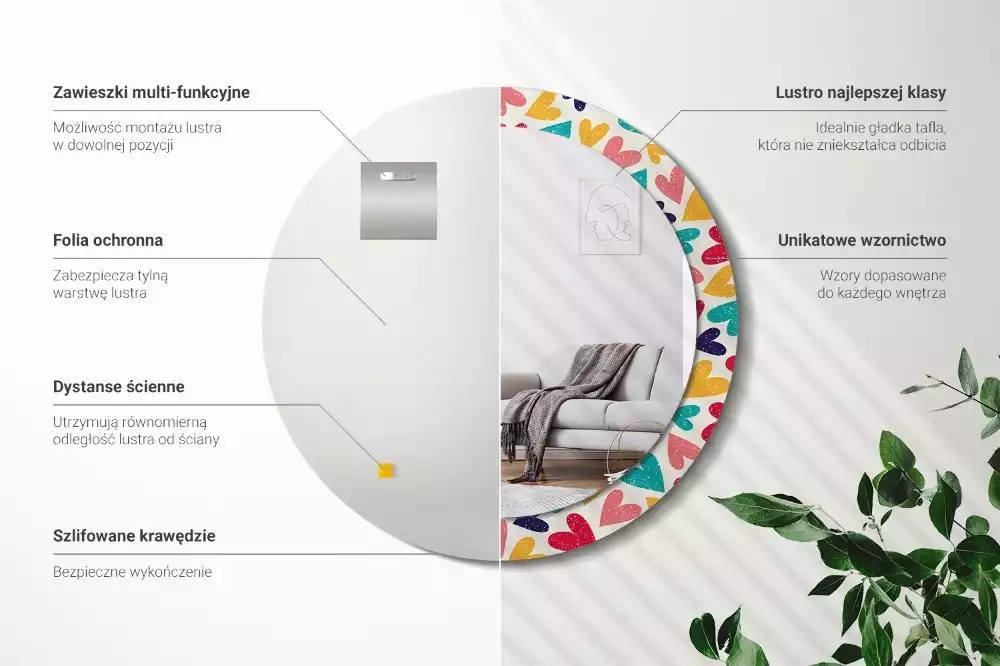 Miroir rond cadre avec impression Cœurs colorés