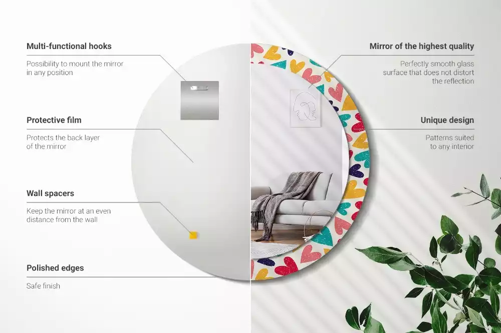 Miroir rond cadre avec impression Cœurs colorés