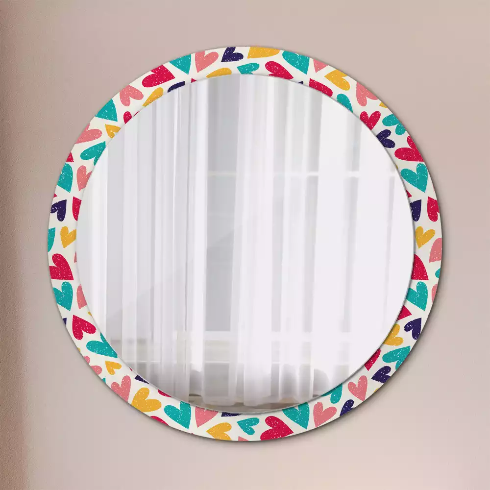 Miroir rond cadre avec impression Cœurs colorés