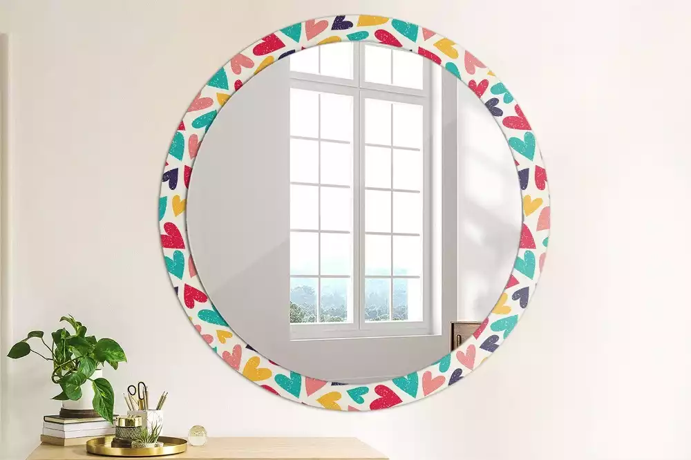 Miroir rond cadre avec impression Cœurs colorés