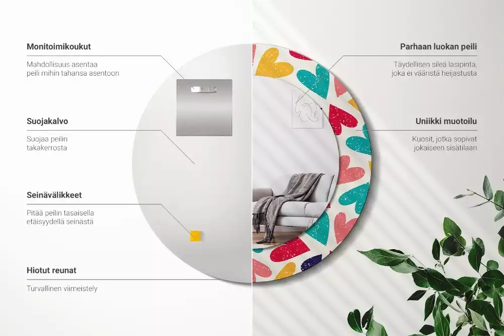 Miroir rond cadre avec impression Cœurs colorés