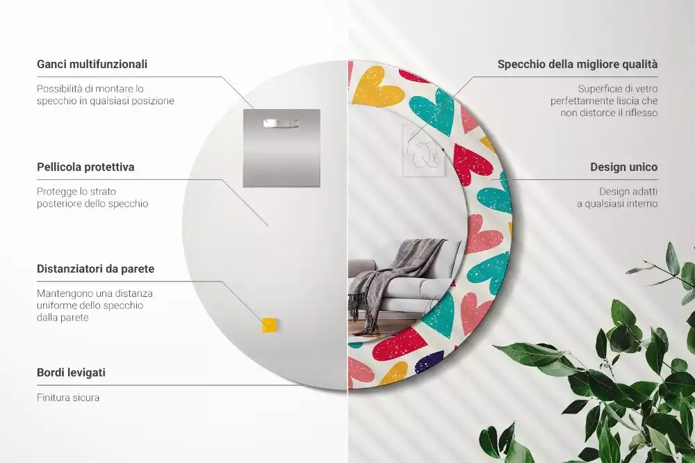 Miroir rond cadre avec impression Cœurs colorés