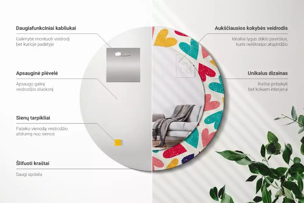 Miroir rond cadre avec impression Cœurs colorés