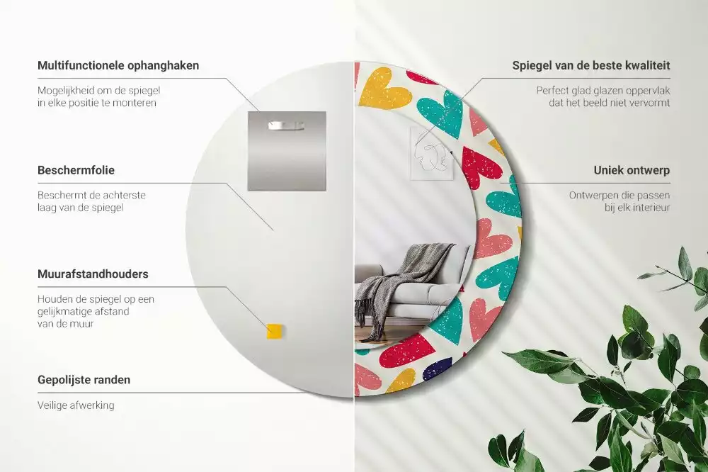 Miroir rond cadre avec impression Cœurs colorés