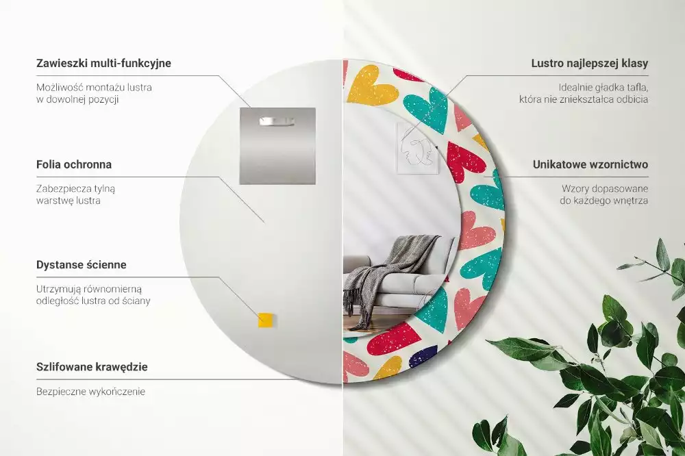 Miroir rond cadre avec impression Cœurs colorés