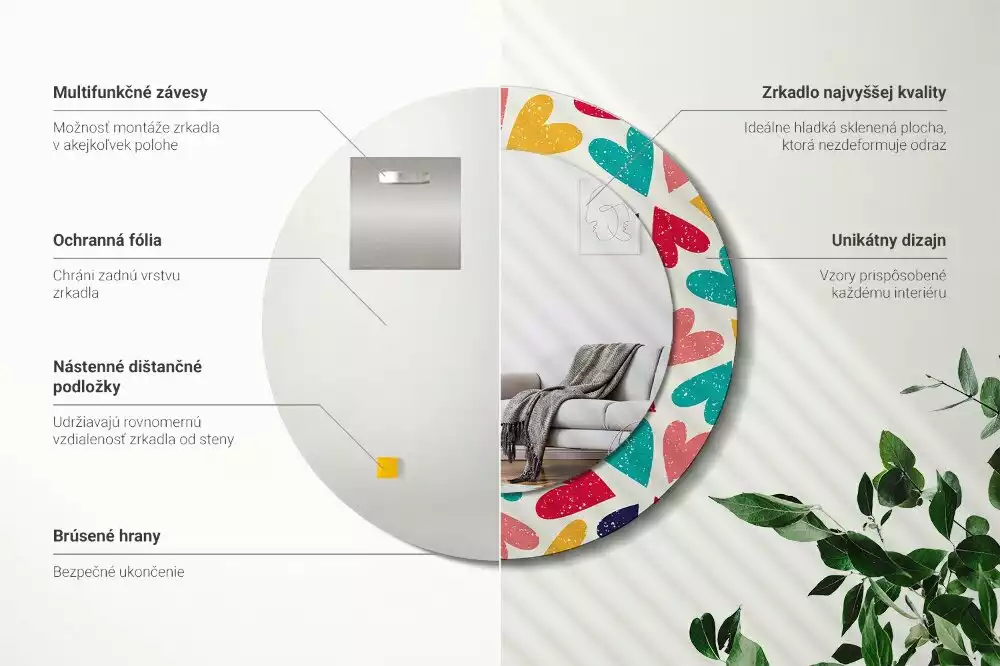 Miroir rond cadre avec impression Cœurs colorés