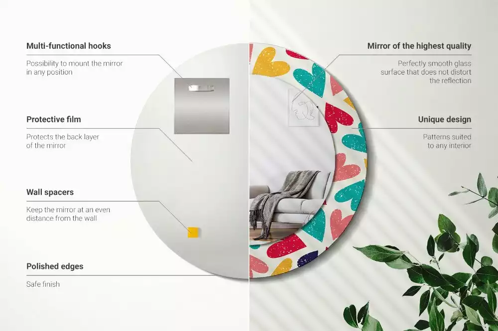 Miroir rond cadre avec impression Cœurs colorés