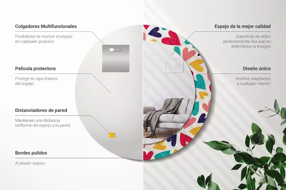 Miroir rond cadre avec impression Cœurs colorés