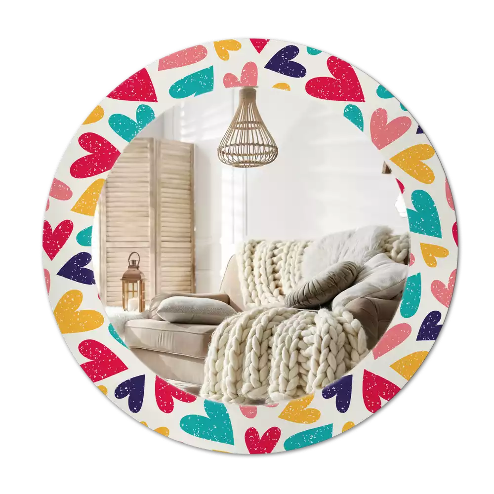 Miroir rond cadre avec impression Cœurs colorés