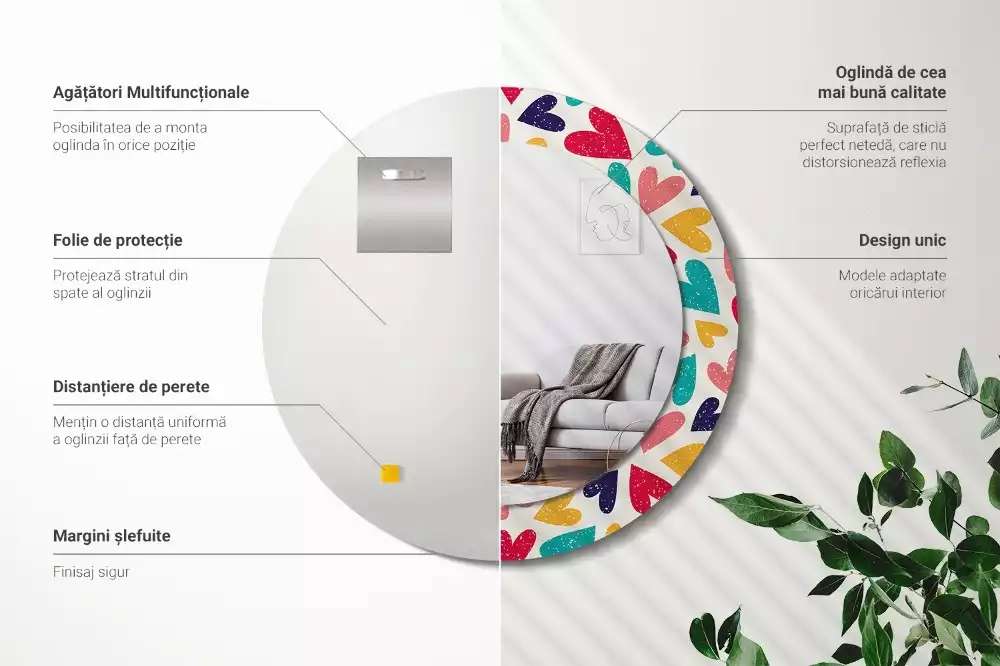 Miroir rond cadre avec impression Cœurs colorés