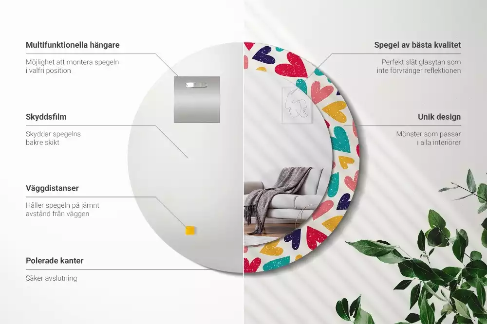 Miroir rond cadre avec impression Cœurs colorés