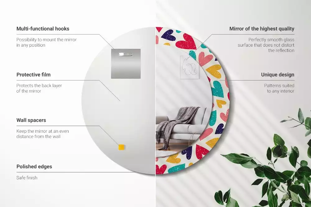 Miroir rond cadre avec impression Cœurs colorés