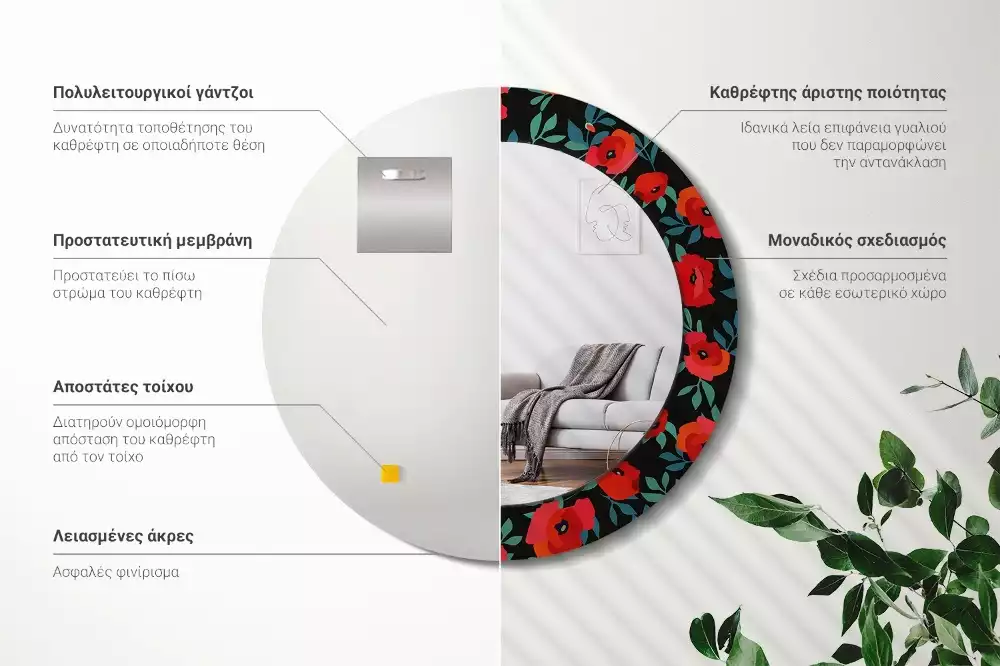 Miroir rond avec décoration Coquelicot rouge