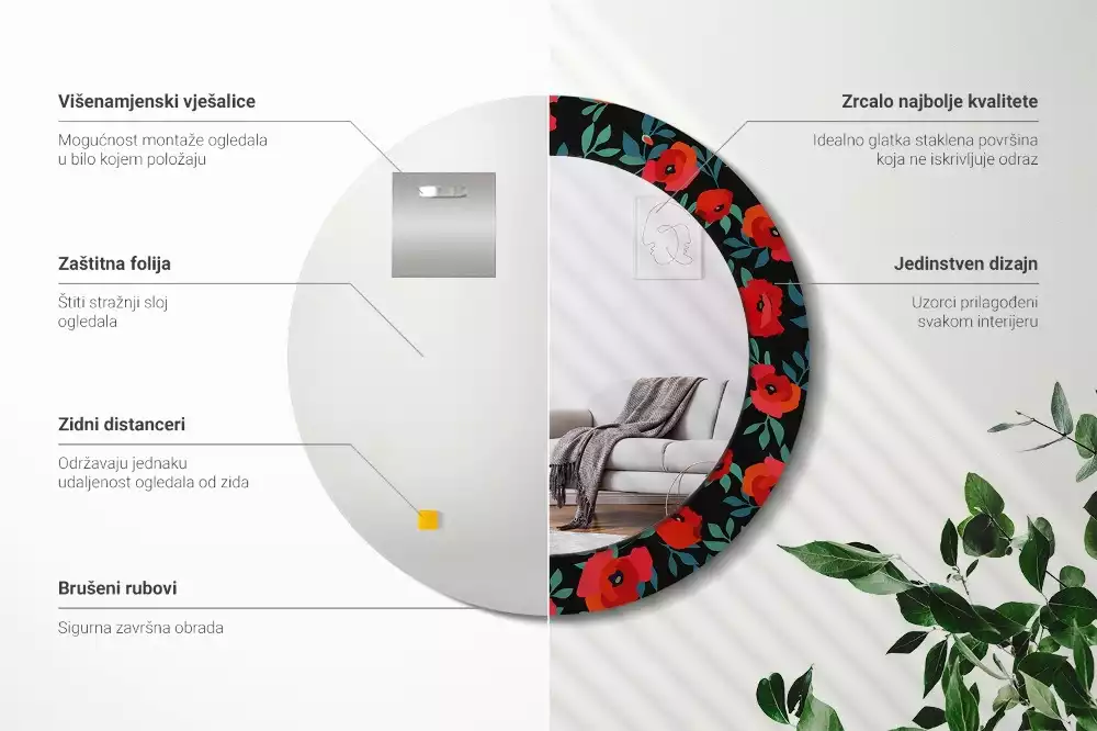 Miroir rond avec décoration Coquelicot rouge