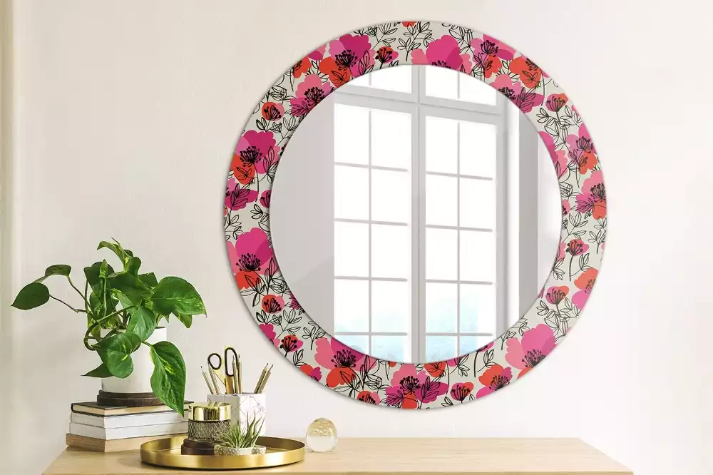 Miroir rond avec décoration Coquelicots roses