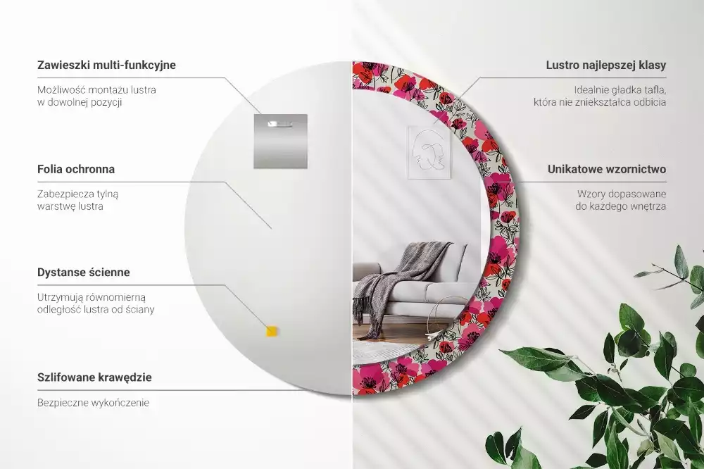 Miroir rond avec décoration Coquelicots roses