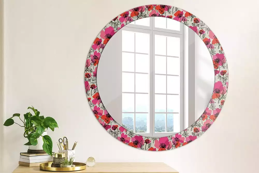 Miroir rond avec décoration Coquelicots roses