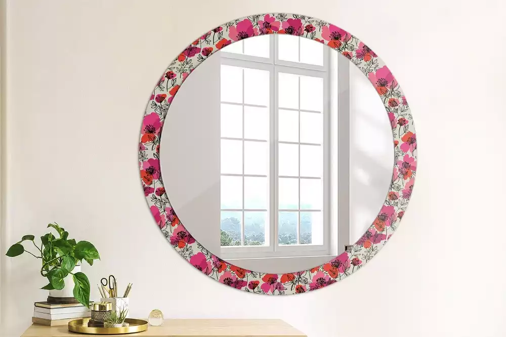 Miroir rond avec décoration Coquelicots roses