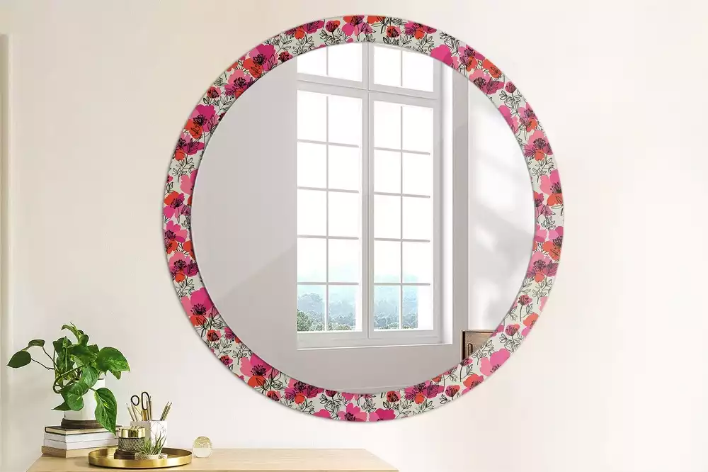 Miroir rond avec décoration Coquelicots roses