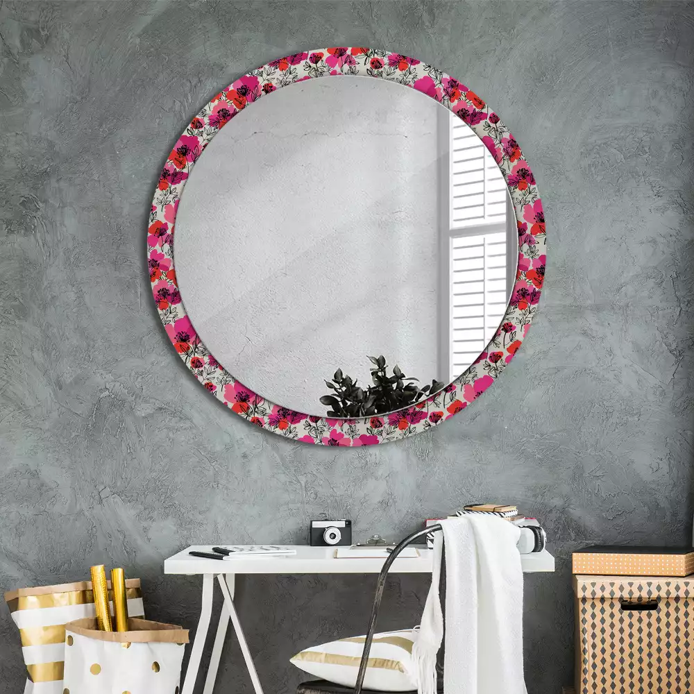Miroir rond avec décoration Coquelicots roses