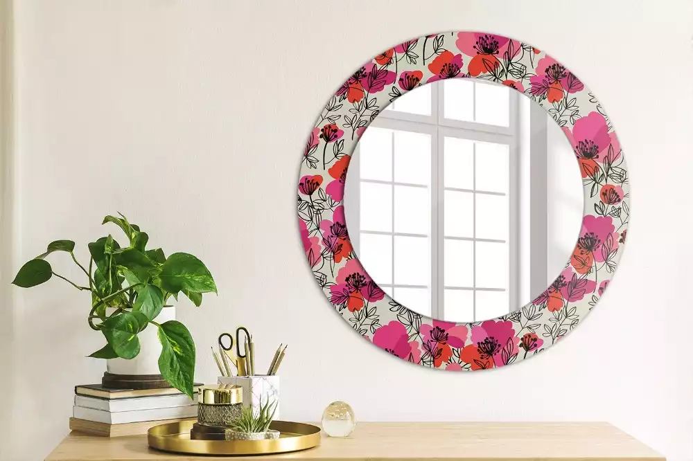 Miroir rond avec décoration Coquelicots roses