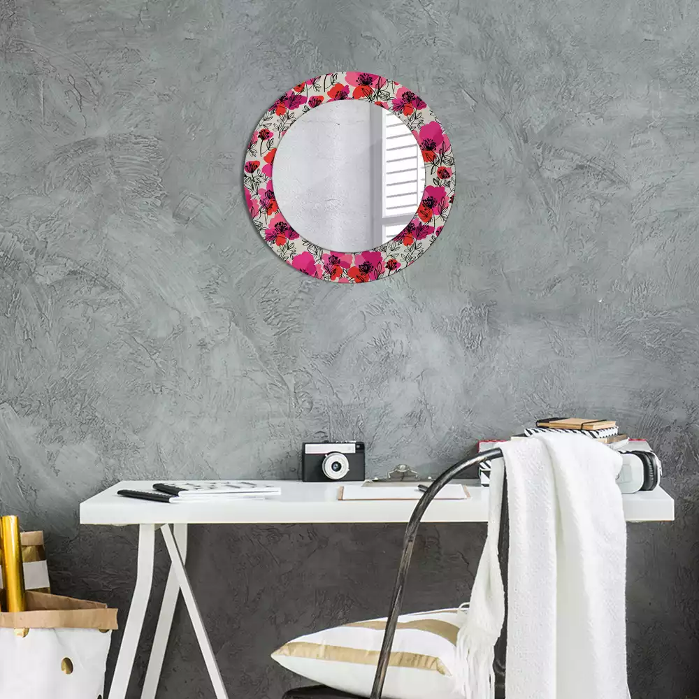 Miroir rond avec décoration Coquelicots roses