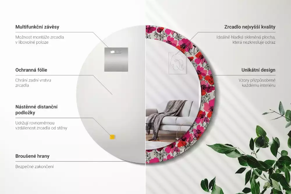 Miroir rond avec décoration Coquelicots roses