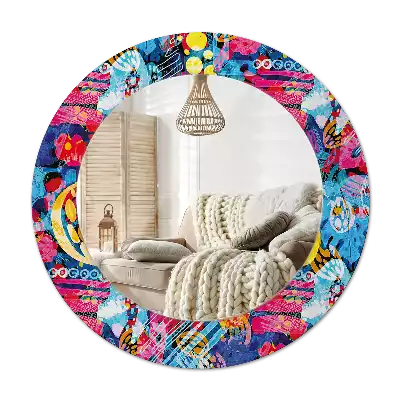Miroir rond cadre avec impression Gribouillis colorés