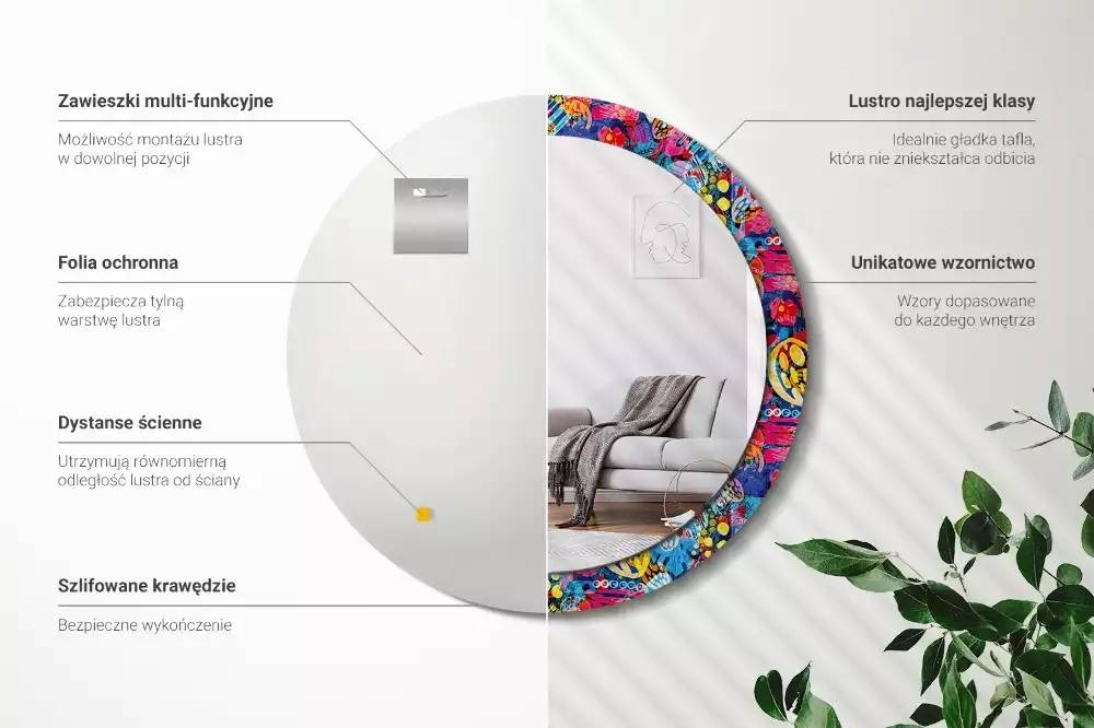 Miroir rond cadre avec impression Gribouillis colorés