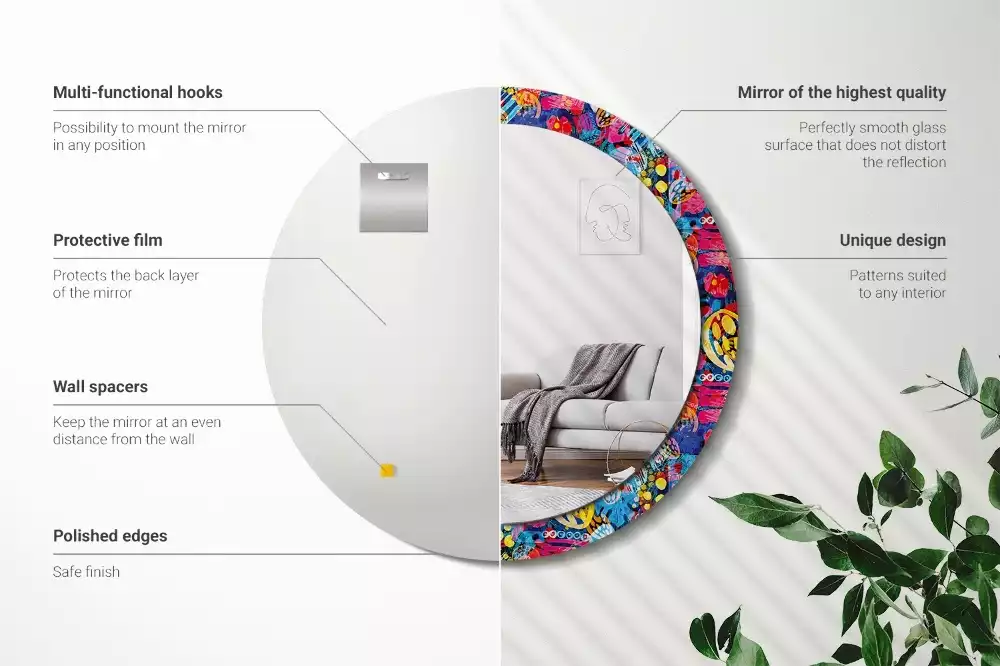 Miroir rond cadre avec impression Gribouillis colorés