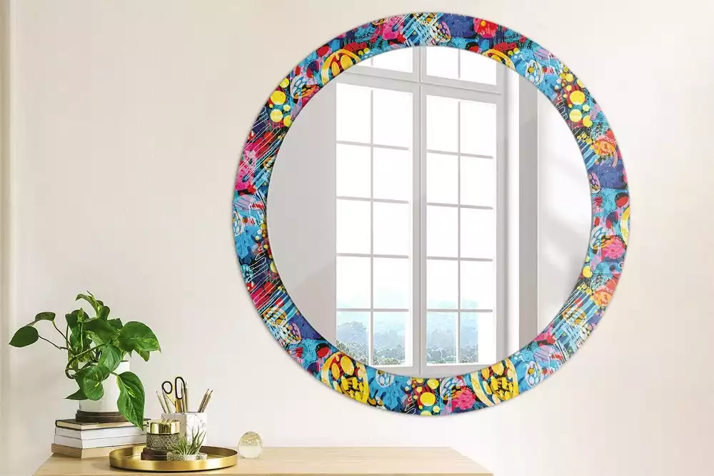 Miroir rond cadre avec impression Gribouillis colorés