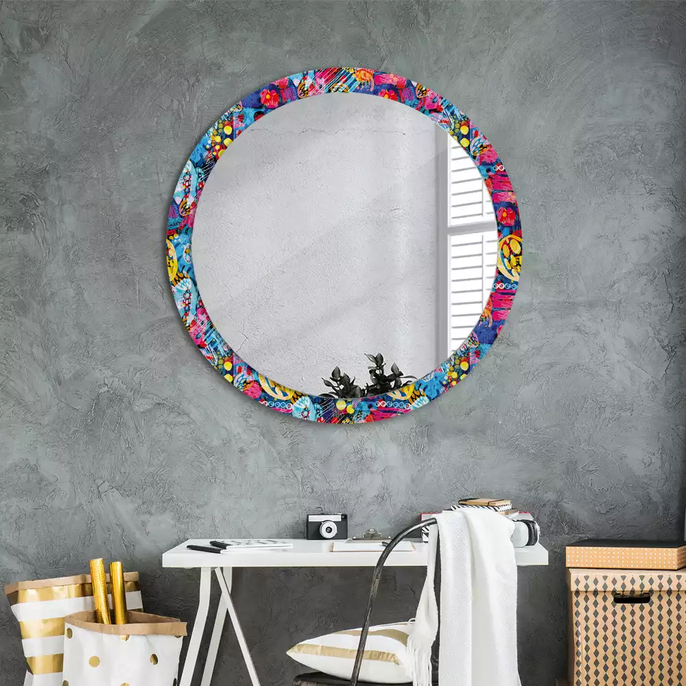 Miroir rond cadre avec impression Gribouillis colorés