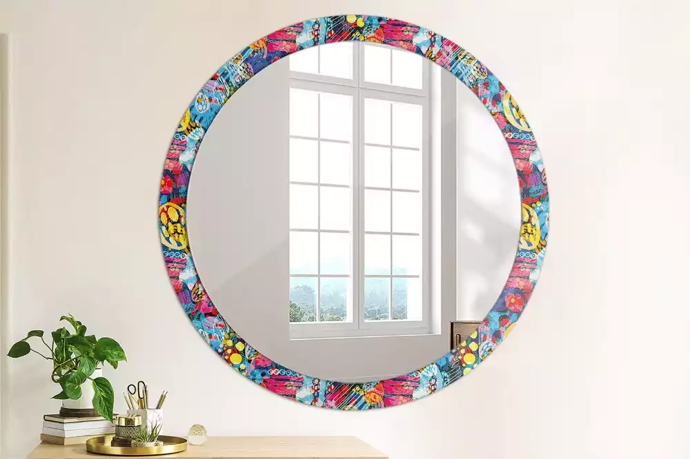 Miroir rond cadre avec impression Gribouillis colorés