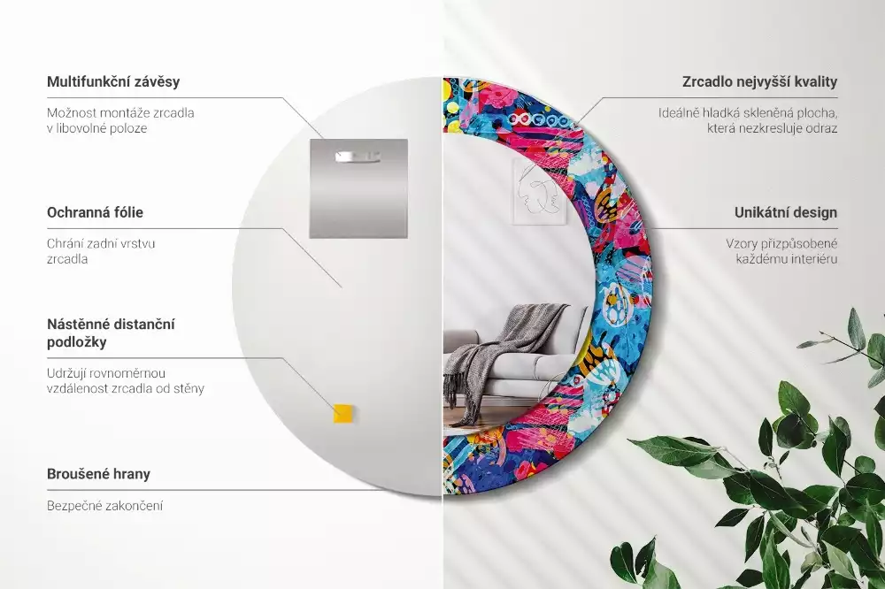 Miroir rond cadre avec impression Gribouillis colorés