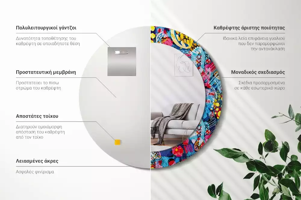 Miroir rond cadre avec impression Gribouillis colorés