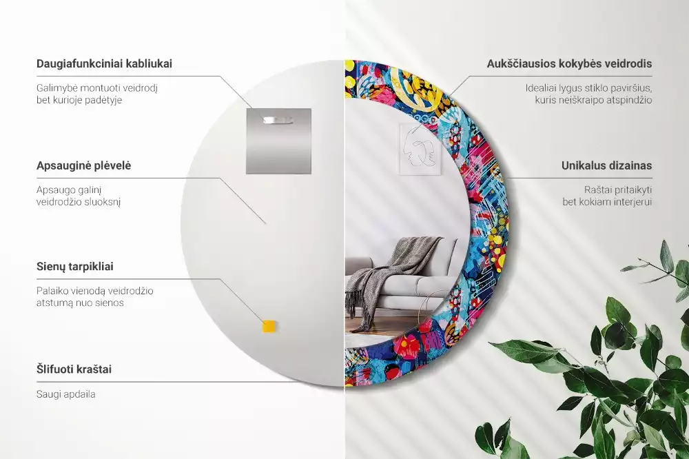 Miroir rond cadre avec impression Gribouillis colorés