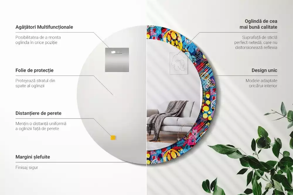 Miroir rond cadre avec impression Gribouillis colorés