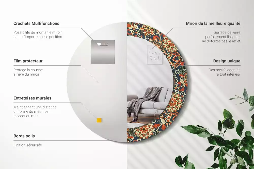 Miroir rond avec décoration Fleurs rétro