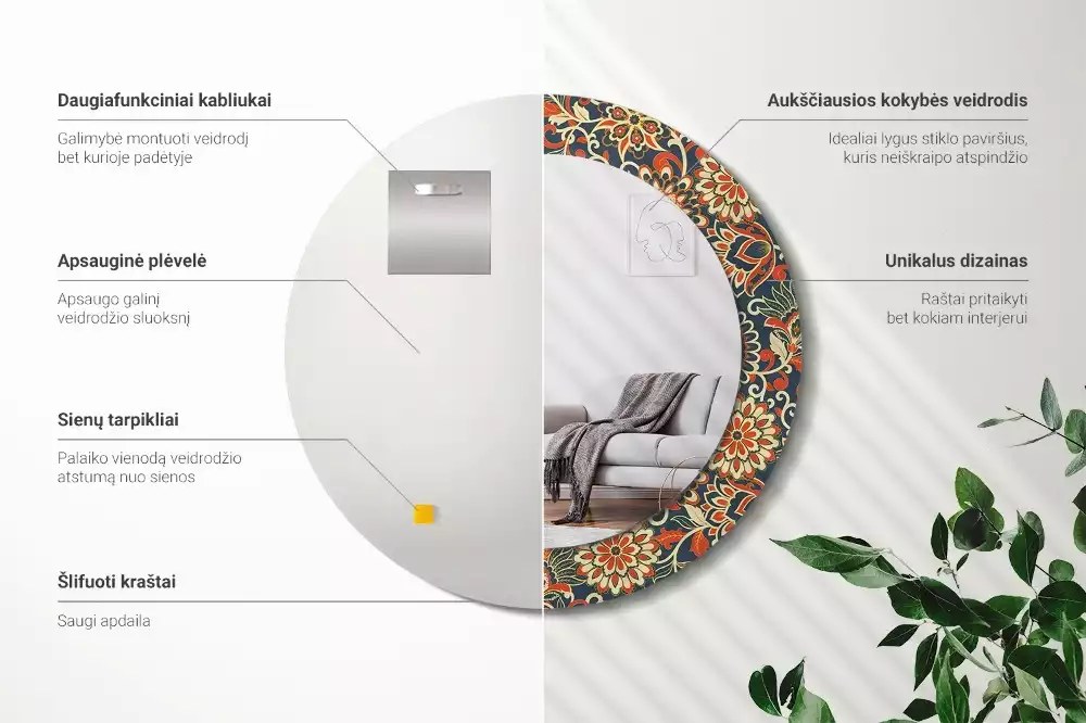 Miroir rond avec décoration Fleurs rétro