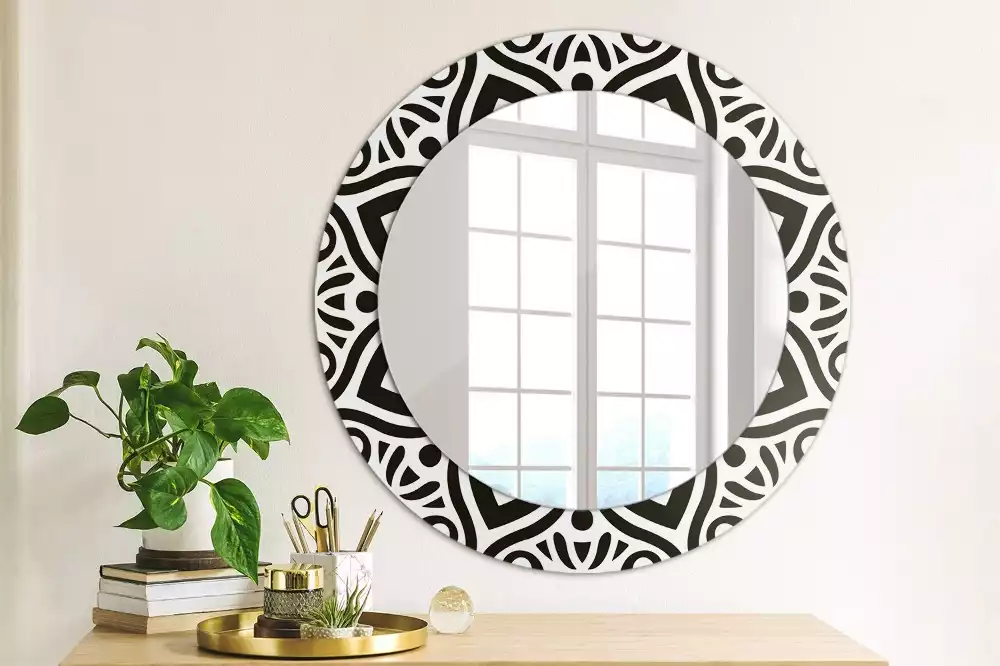Miroir rond cadre avec impression Ornement noir