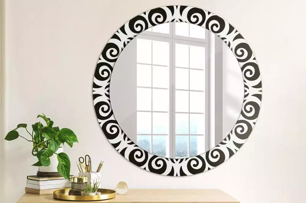 Miroir rond cadre avec impression Ornement noir