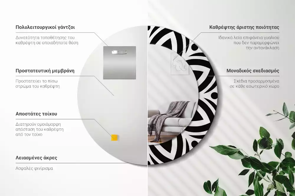 Miroir rond cadre avec impression Ornement noir