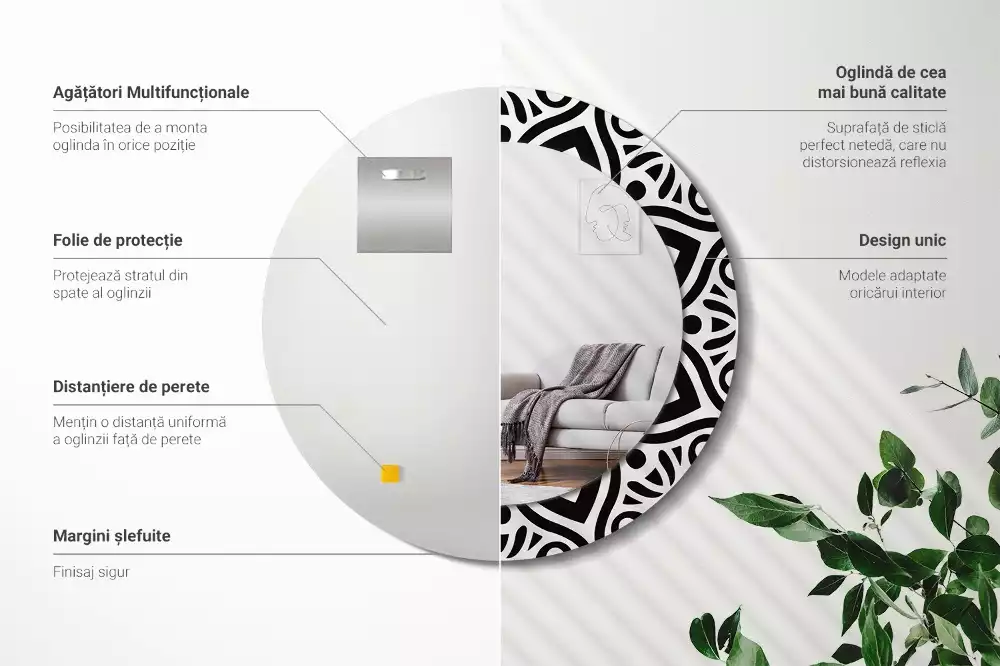 Miroir rond cadre avec impression Ornement noir