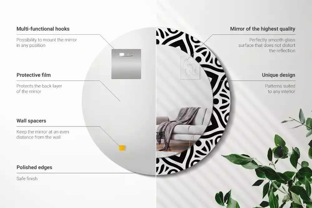 Miroir rond cadre avec impression Ornement noir