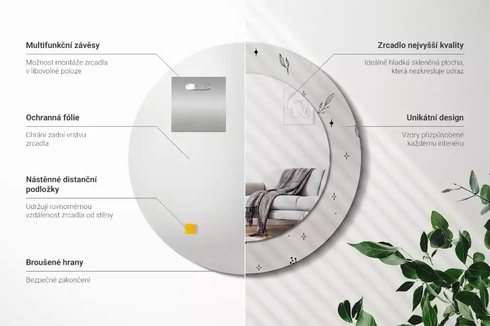 Miroir rond imprimé Plantes doodle