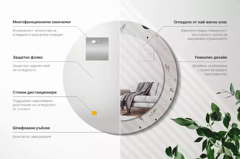 Miroir rond imprimé Plantes doodle