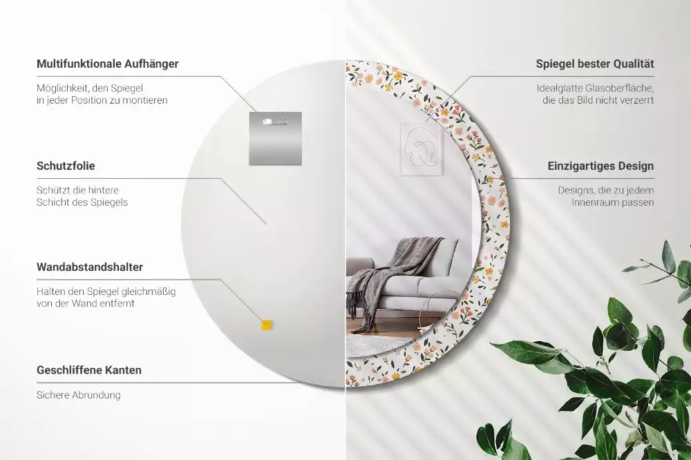 Miroir rond cadre avec impression Petites fleurs